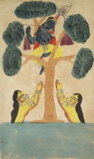 Krishna Steals the Clothes of the Cowgirls (Gopis), 1800s. India, Calcutta, Kalighat painting, 19th