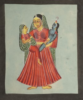 Yasoda Holding Krishna and Radha, 1800s. India, Calcutta, Kalighat painting, 19th century. Black