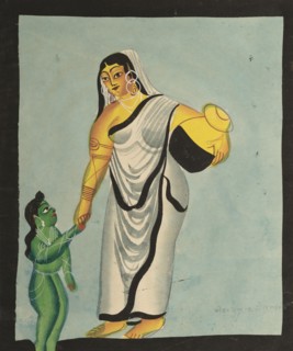 Yasoda Taking the Infant Krishna for a Walk, 1800s. India, Calcutta, Kalighat painting, 19th