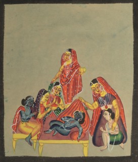 Worship of the Infant Krishna, 1800s. India, Calcutta, Kalighat painting, 19th century. Ink, color,