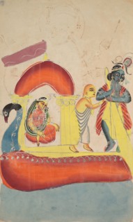 Krishna Ferrying Radha Across the Yamuna River, 1800s. India, Calcutta, Kalighat painting, 19th