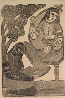 Krishna Stroking Radha's Feet, 1800s. Shri Gobinda Chandra Roy. Woodcut with black ink on paper;