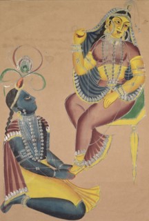 Krishna Stroking Radha's Feet, 1800s. India, Calcutta, Kalighat painting, 19th century. Black ink,