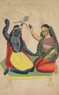 Radha and Krishna, 1800s. India, Calcutta, Kalighat painting, 19th century. Black ink, watercolor,