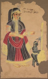 Yasoda and Krishna, 1800s. India, Calcutta, Kalighat painting, 19th century. Black ink, color and