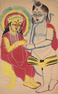 Annapurna and Shiva, 1800s. India, Calcutta, Kalighat painting, 19th century. Black ink,
