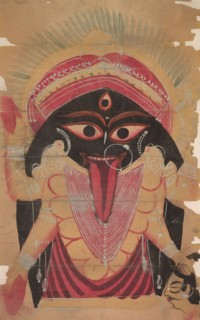 Kali, 1800s. India, Calcutta, Kalighat painting, 19th century. Black ink, color and silver paint,