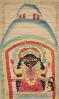 Kali, 1800s. India, Calcutta, Kalighat painting, 19th century. Black ink, color and silver paint,