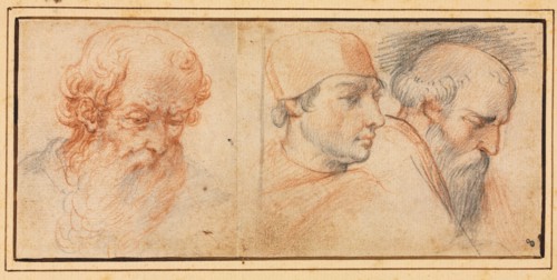 Three Head Studies, 1600s. Italy, 17th century. Red and black chalk; sheet: 8.4 x 18.6 cm (3 5/16 x