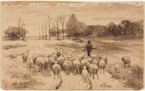 Shepherd with His Flock, c. 1870. Anton Mauve (Dutch, 1838-1888). Pen and brown ink; sheet: 10.2 x