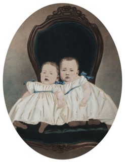 Twin Babies, c. 1870. Davis Brothers (American). Salted paper print, hand-colored; image: 24 x 19.2
