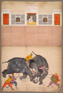 Two Elephants Fighting in a Courtyard Before Muhammad Shah, c. 1730-40. Attributed to Nainsukh