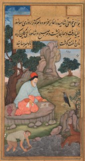 A raven brings food to Elijah, from a Mir’at al-quds of Father Jerome Xavier (Spanish, 1549–1617),