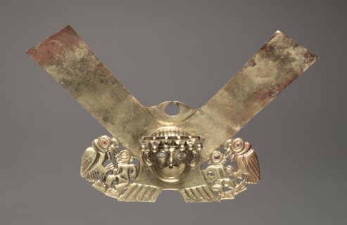 Nose Ornament with Human Head and Condors Attacking Humans, c. 100-300. Peru, North Coast, Moche