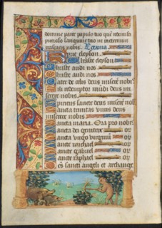 Leaf from a Book of Hours: Ape Hunting Wild Boars (recto) and Ape Fishing (verso), c. 1500-1510.