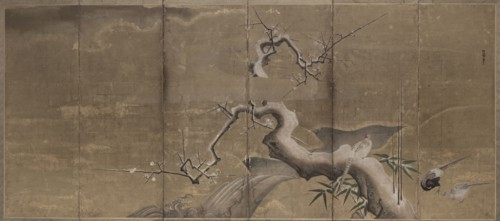 Winter Scene with Plum Trees and Pheasants (Birds Left), early 1600s. Kano Naonobu (Japanese,