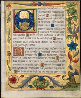 Leaf from a Psalter and Prayerbook: Initial E with Ornamental Border Containing a Seated Satyr and