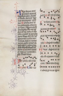 Missale: Fol. 111v; contains some music as part of Palm Sunday liturgy, 1469. Bartolommeo Caporali