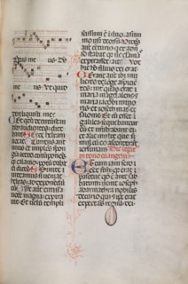 Missale: Fol. 129: contains music for "Hely Hely Lama etc." within St. Mattion Passion, 1469.