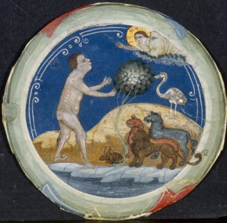 Medallion from the Border of a Latin Bible: The Sixth Day of Creation, early 1300s. Primo Miniatore