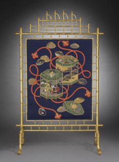 Fire Screen, c. 1870-1880. France, 19th century. Gilt faux bamboo frame with hand embroidered silk