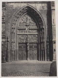 Entrance, St. Lorenz Cathedral, Nuremberg, c. late 1850"s. Attributed to Schrag. Albumen print from