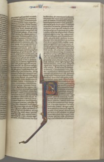 Fol. 136r, Kings IV, historiated initial P, Ahaziah falling from a tower, c. 1275-1300. Southern