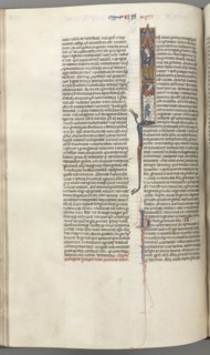 Fol. 174v, Ezra, historiated initial I, Cyrus directing the building of the Temple, c. 1275-1300.