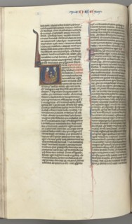 Fol. 178v, Nehemiah, historiated initial V, Nehemiah presenting the golden cup to Artaxerxes, c.