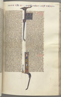 Fol. 199r, Esther, historiated initial, two seated male figures, c. 1275-1300. Southern France,