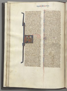 Fol. 20v, Exodus, historiated initial H, Moses and two followers with the tablets of the law, c.
