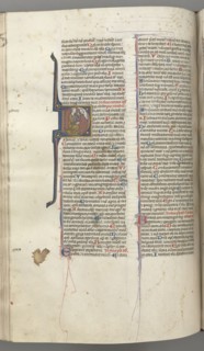 Fol. 220v, Psalm 38, historiated initial D, David kneeling, gesturing to the bust of God above, c.