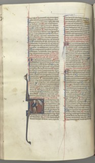 Fol. 222v, Psalm 52, historiated initial D, a fool naked but for a cloak, holding a bladder, bust