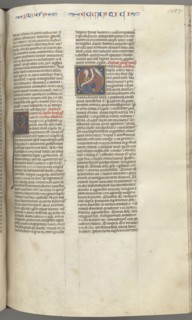 Fol. 257r, Ecclesiasticus, historiated initial O, Sirach seated with a scroll, bust of God above, c