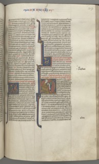 Fol. 317r, Baruch, historiated initial H, Baruch seated at a desk writing on a scroll, c. 1275-1300