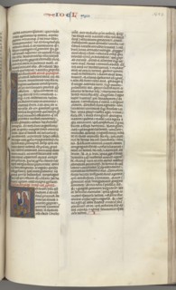 Fol. 353r, Joel, historiated initial V, Joel seated with a scroll, bust of God above, c. 1275-1300.