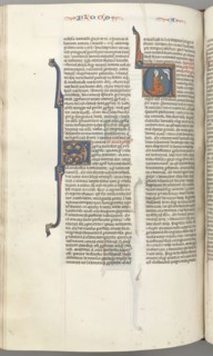 Fol. 354v, Amos, historiated initial V, Amos kneeling in prayer, bust of God above, c. 1275-1300.