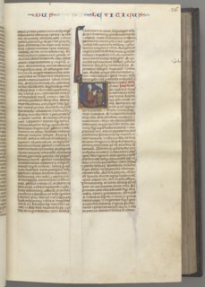Fol. 36r, Leviticus, historiated initial V, Moses offering a sacrificial lamb on an altar, c.