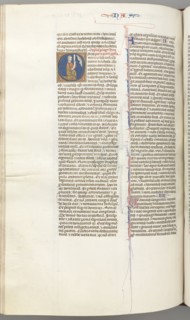 Fol. 360v, Nahum, historiated initial O, Nahum kneeling with a scroll, bust of God above, c.