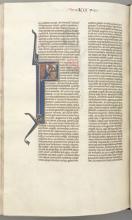 Fol. 412v, Luke, historiated initial F, Luke praying at an altar, bust of God above, c. 1275-1300.