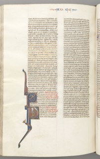 Fol. 445v, Corinthians II, historiated initial P, Paul standing with a sword, talking to the bust