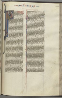 Fol. 449r, Galatians, historiated initial P, Paul seated with a sword, talking to the bust of God