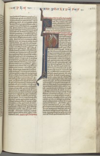 Fol. 452r, Philippians, historiated initial P, Paul standing with a sword and a scroll, talking to