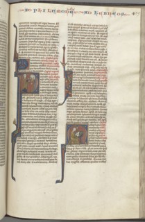 Fol. 459r, Philemon, historiated initial P, Paul addressing three men and Hebrews, historiated