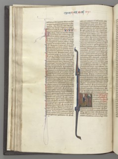 Fol. 46v, Numbers, historiated initial L, Moses with horns, kneeling before God, c. 1275-1300.