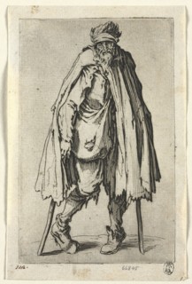 The Beggars: Beggar on Crutches with a Bag , c. 1623. Jacques Callot (French, 1592-1635). Etching