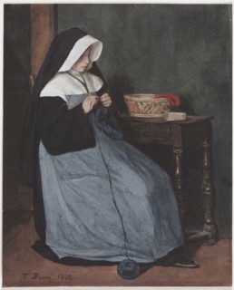 A Nun Seated at a Table Knitting, 1862. François Bonvin (French, 1817-1887). Gouache and