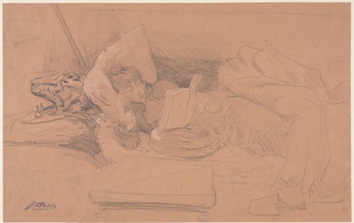 Sarah Bernhardt Reclining on a Divan, Reading, c. 1885-1890. Georges-Jules-Victor Clairin (French,