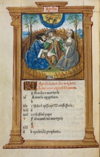 Printed Book of Hours (Use of Rome): fol. 5v, April calendar illustration, 1510. Guillaume Le Rouge