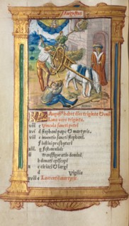 Printed Book of Hours (Use of Rome): fol. 9v, August calendar illustration, 1510. Guillaume Le